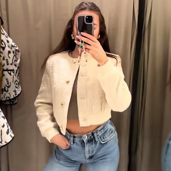 Zara Weave Bomber Jacket in Cream Size Small - Picture 5 of 11